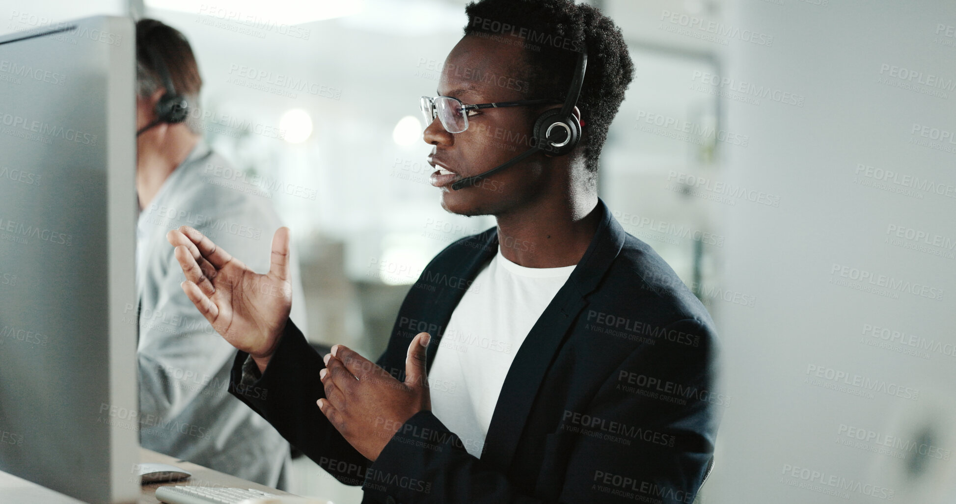 Buy stock photo Call center, consulting and contact us with black man in support office for customer service. Communication, crm and feedback with person speaking on headset in workplace for advice or virtual help