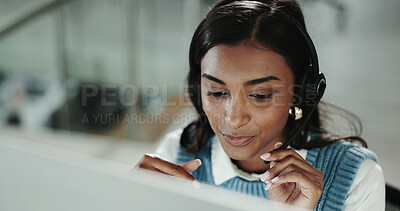 Buy stock photo Communication, consulting and customer service with Indian woman in support office for virtual assistance. Call center, contact us and feedback with person speaking on headset in workplace for help