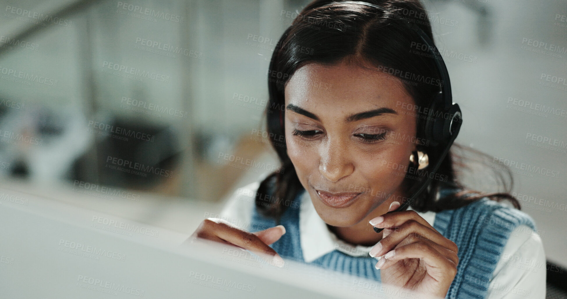 Buy stock photo Communication, consulting and customer service with Indian woman in support office for virtual assistance. Call center, contact us and feedback with person speaking on headset in workplace for help