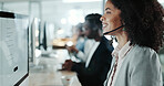 Call center, computer and consulting with woman in support office for customer service. Contact us, feedback and smile with person speaking on headset in workplace for advice or virtual assistance 