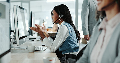 Buy stock photo Call center, communication and speaking with woman in support office for customer service. Contact us, consulting and feedback with person talking on headset in workplace for advice or virtual help