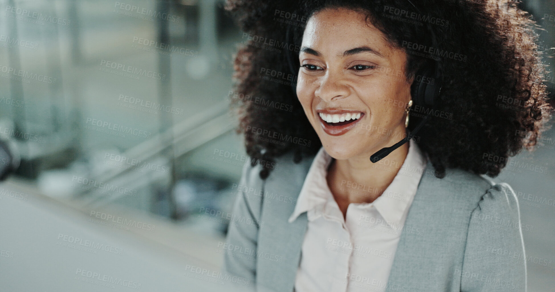 Buy stock photo Call center, computer and consulting with happy woman in support office for customer service. Contact us, feedback and smile with helpful person speaking on headset in workplace as virtual assistant