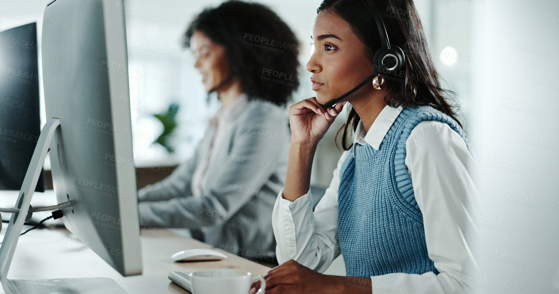 Buy stock photo Call centre, serious and woman with headset, coworking and remote access of software and troubleshooting. Professional, IT and tech support with computer, advice and helpdesk for hardware issues