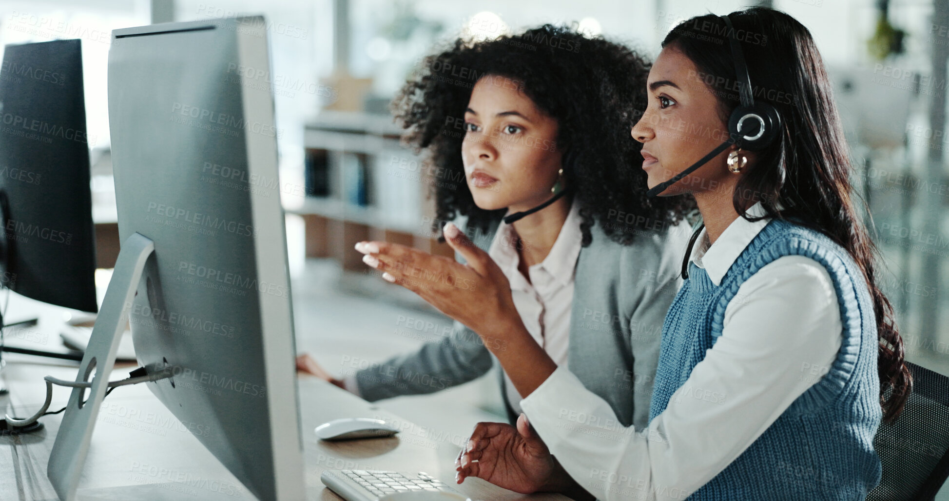 Buy stock photo Women, call center and advice with customer support, training and help for computer teamwork. Collaboration, communication and employees with CRM service, online consulting and b2b problem solving