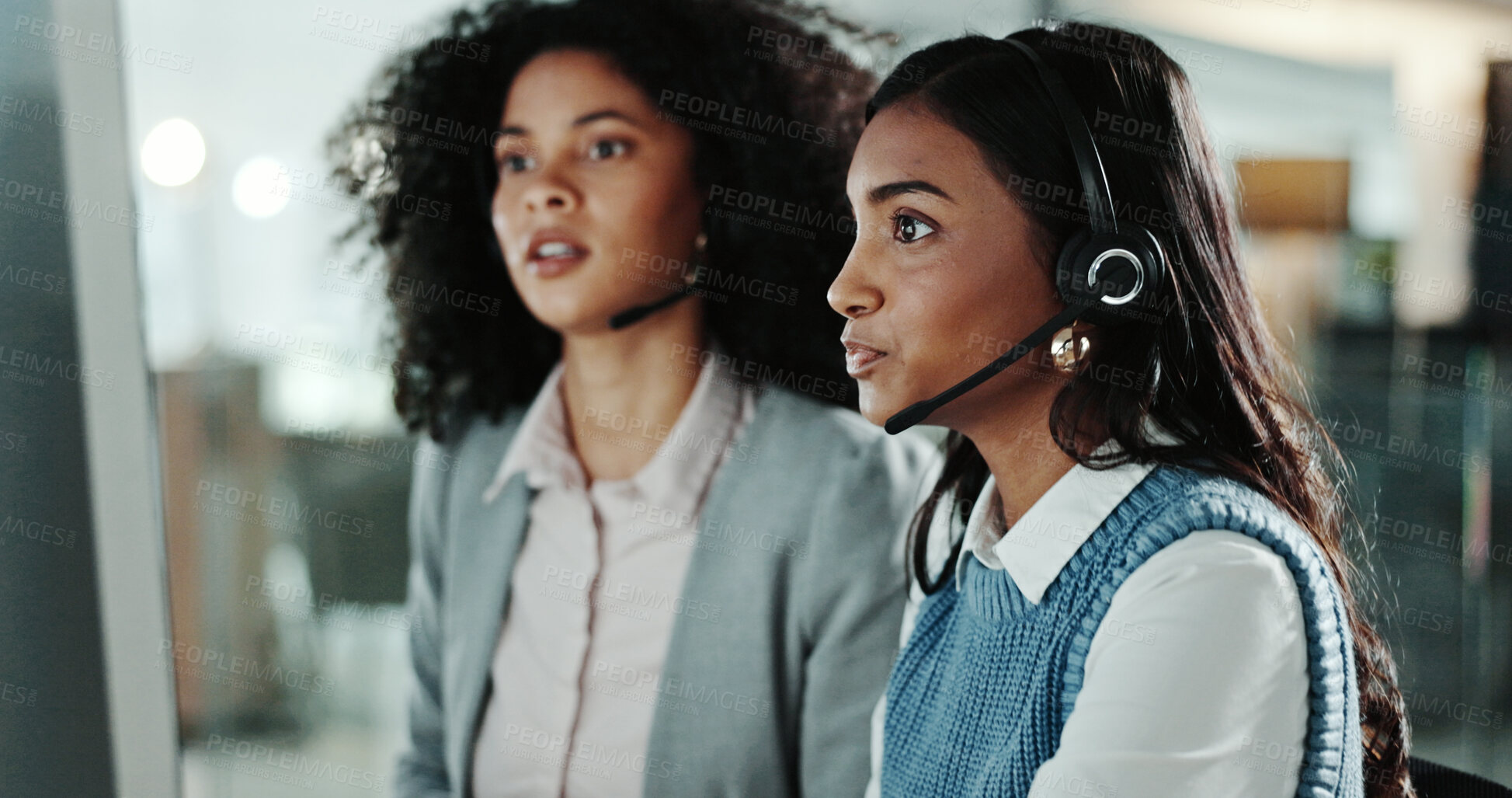 Buy stock photo Women, call center and teamwork with customer support, training and help for computer advice. Collaboration, communication and employees with CRM service, online consulting and b2b problem solving