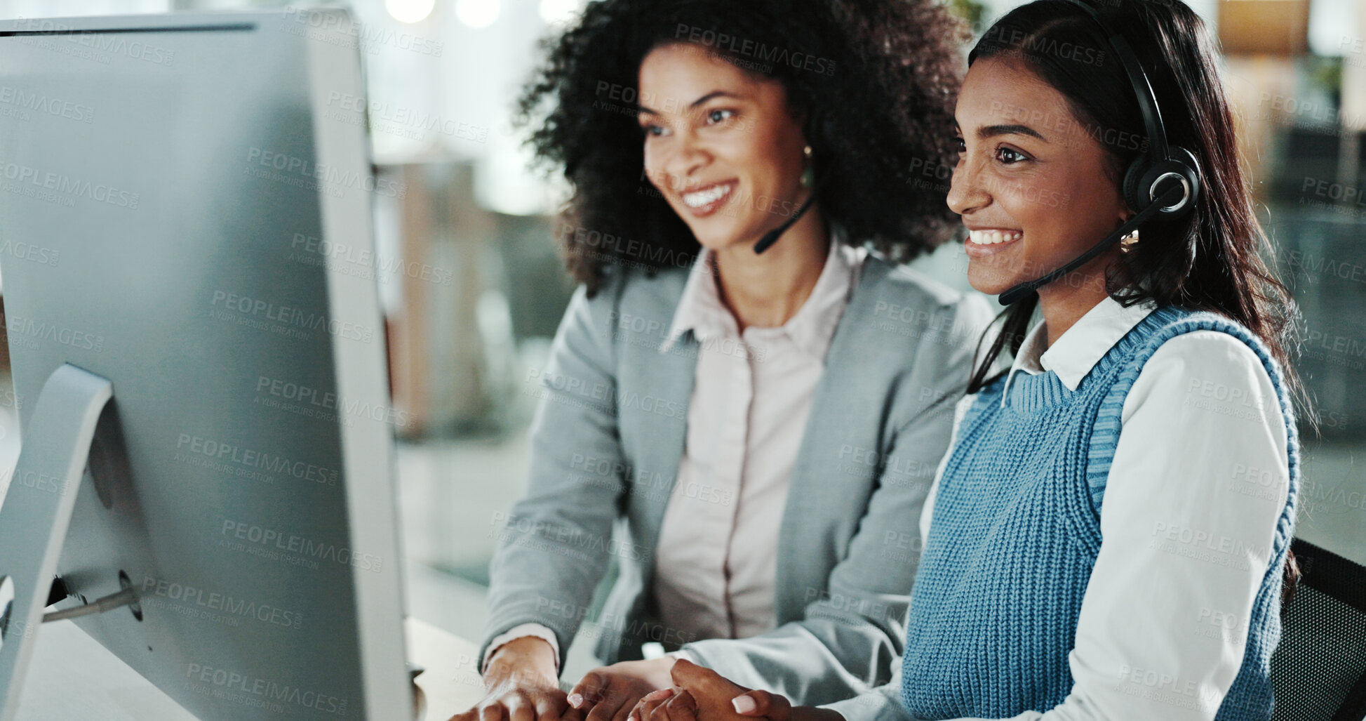 Buy stock photo Call centre, training and manager with headset, advice and smile for help, telemarketing and trainee. Colleagues, happy and internship for people, consultation and collaboration for customer service