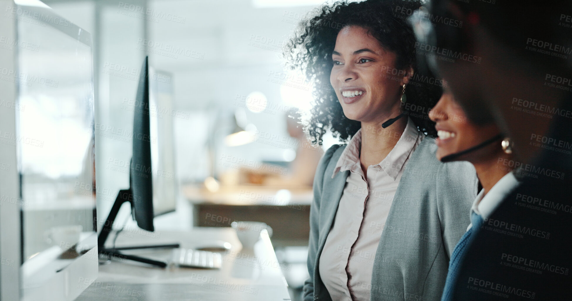 Buy stock photo Call centre, training and manager with headset, office and smile for help, telemarketing and trainee. Colleagues, happy and internship for people, consultation and advice for customer service