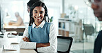 Woman, portrait and confident in call center for customer service, telemarketing or tech in office. Agent, happy or arms crossed at desk for insurance sales, lead generation or consultant for support