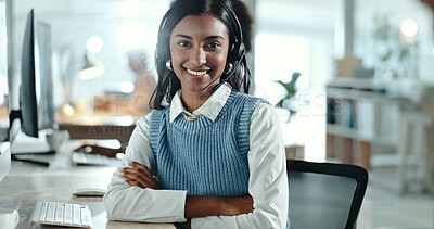 Buy stock photo Woman, portrait and confident in call center for telemarketing, customer service and tech in office. Agent, happy and arms crossed at desk for insurance sales, lead generation and consultant in India