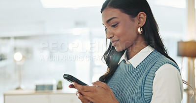 Buy stock photo Happy, phone and businesswoman in office with typing for email, communication or networking. Technology, research and female attorney with cellphone for contact on company policies online with app.