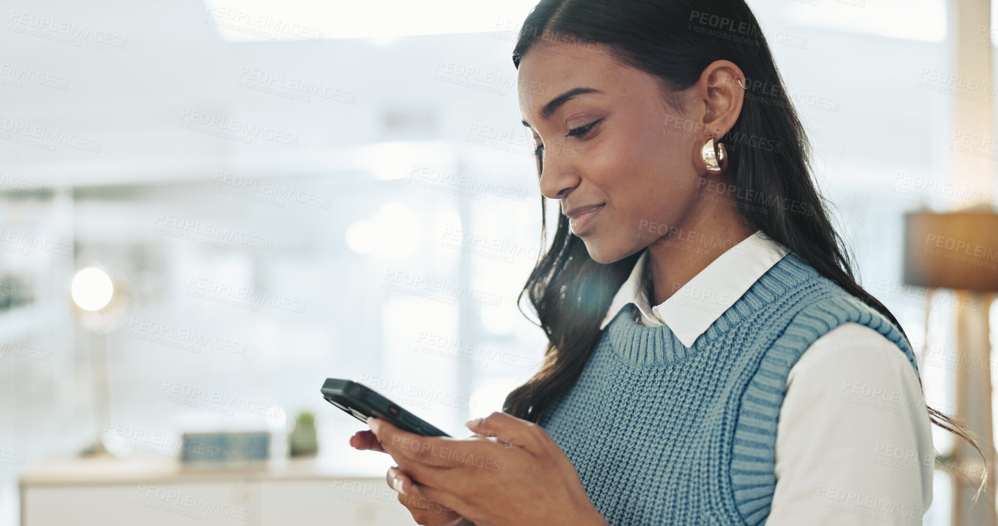 Buy stock photo Happy, phone and businesswoman in office with typing for email, communication or networking. Technology, research and female attorney with cellphone for contact on company policies online with app.