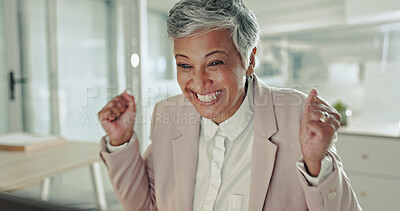 Buy stock photo Celebration, mature woman and excited for notification, alert and happy with funding and achievement. Office, shocked and person with laptop, winner and entrepreneur with investment for business