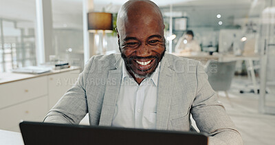 Buy stock photo Business, black man and happy on laptop at office on email with good news, positive feedback and report. Male person, employee and smile or satisfied on pride as human resources manager for promotion