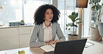 Accounting, laptop and notebook with business woman at desk in office for bookkeeping report. Computer, finance and thinking with professional accountant in workplace for financial management