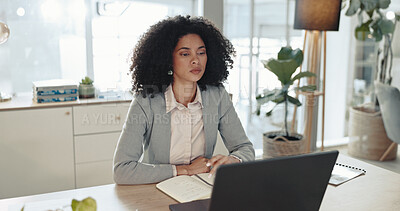 Buy stock photo Accounting, laptop and notebook with business woman at desk in office for bookkeeping report. Computer, finance and thinking with professional accountant in workplace for financial management