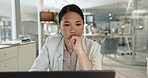 Laptop, office and business woman with research, planning and online solution for planning or project idea. Journalist, computer and copywriter with questions, why or decision for choice or doubt