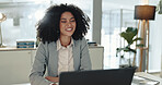 Accounting, laptop and smile with business woman at desk in office for bookkeeping report. Computer, finance and research with happy professional accountant in workplace for financial management