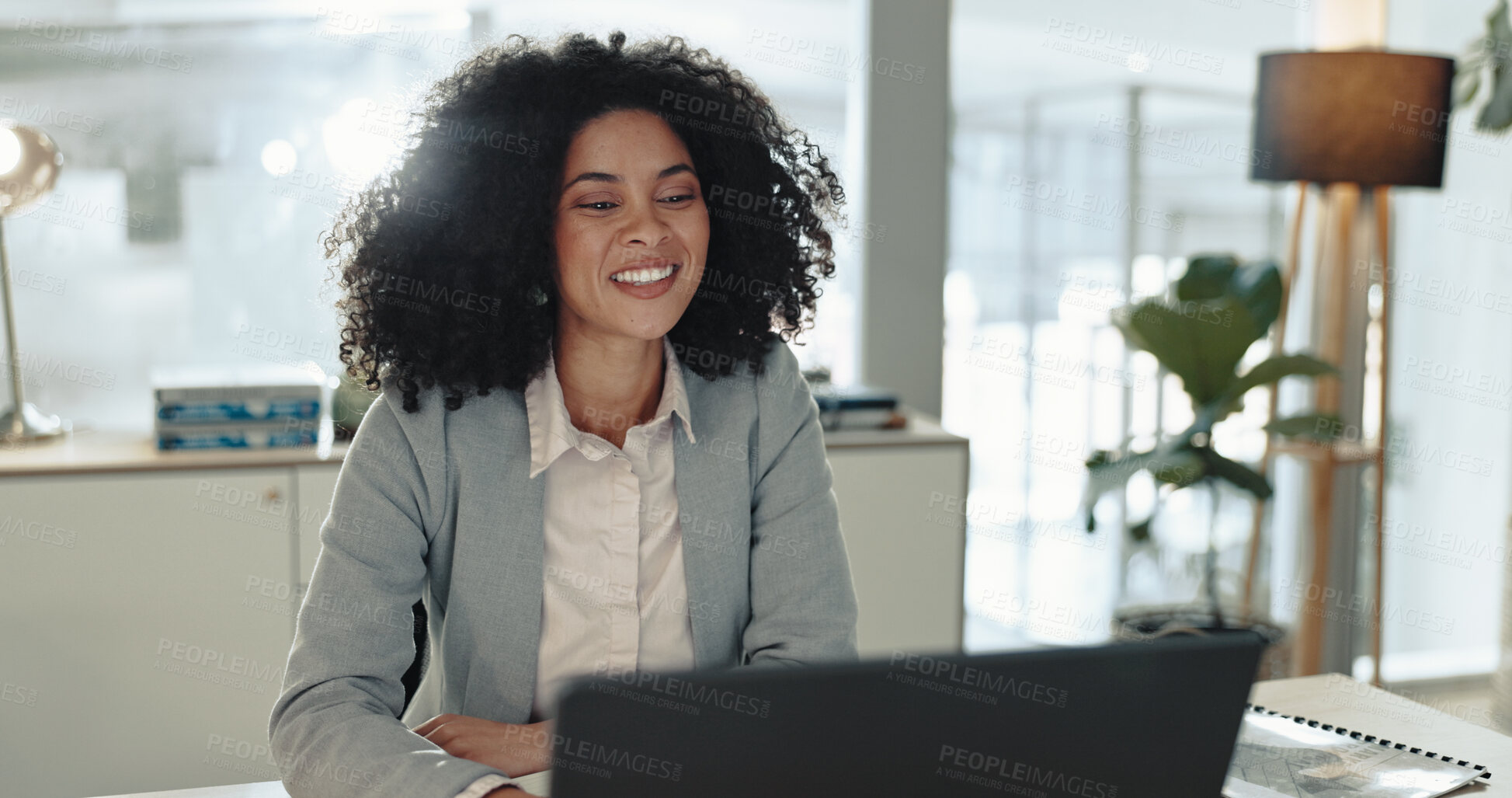 Buy stock photo Accounting, laptop and smile with business woman at desk in office for bookkeeping report. Computer, finance and research with happy professional accountant in workplace for financial management