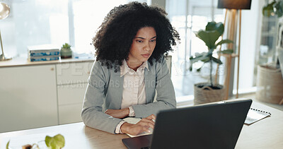 Buy stock photo Accounting, finance and laptop with business woman at desk in office for bookkeeping report. Computer, research and thinking with professional accountant in workplace for financial management