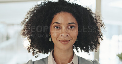 Buy stock photo Happy, legal and portrait with African woman in office of law firm for counsel or litigation. Face, justice and trial with smile of attorney or lawyer in workplace for court case representation