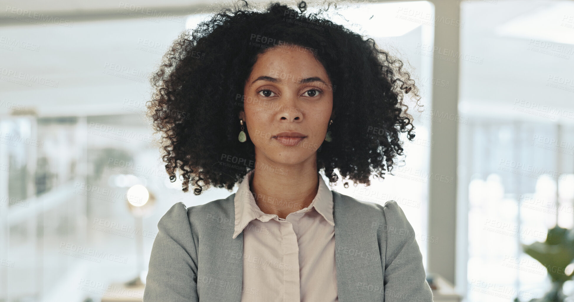 Buy stock photo Legal, portrait and serious with African woman in office of law firm for counsel or litigation. Face, justice and trial with confident attorney or lawyer in workplace for court case representation