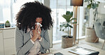 Sick woman, sneeze and blowing nose with tissue at office for flu, cold or allergies. Tired, female person or employee with viral infection, virus or fever for influenza, ill or symptoms at workplace