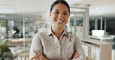 Buy stock photo Smile, employee and portrait of woman with arms crossed for professional, pride and entrepreneur in office. Creative, journalist or news editor for publishing, content creation and press startup