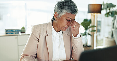 Buy stock photo Stress, headache and mature businesswoman in office with stock market crash for company finance loss. Migraine, mistake and female financial advisor upset for crisis, debt or bankruptcy in workplace.