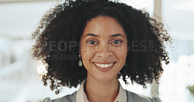 Buy stock photo Legal, portrait and smile with African woman in office of law firm for counsel or litigation. Face, justice and trial with happy attorney or lawyer in workplace for court case representation