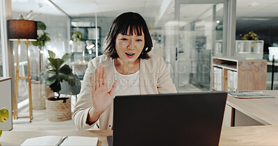 Buy stock photo Asian woman, wave or laptop with video call for virtual meeting, discussion or conversation at office. Female person, consultant or employee talking on computer for webinar or conference at workplace