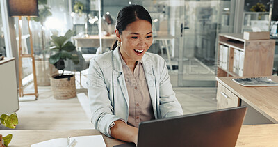 Buy stock photo Business, woman and smile on laptop at office on email with good news, positive feedback and report. Female person, employee and happy or satisfied on pride as human resources manager for recruitment