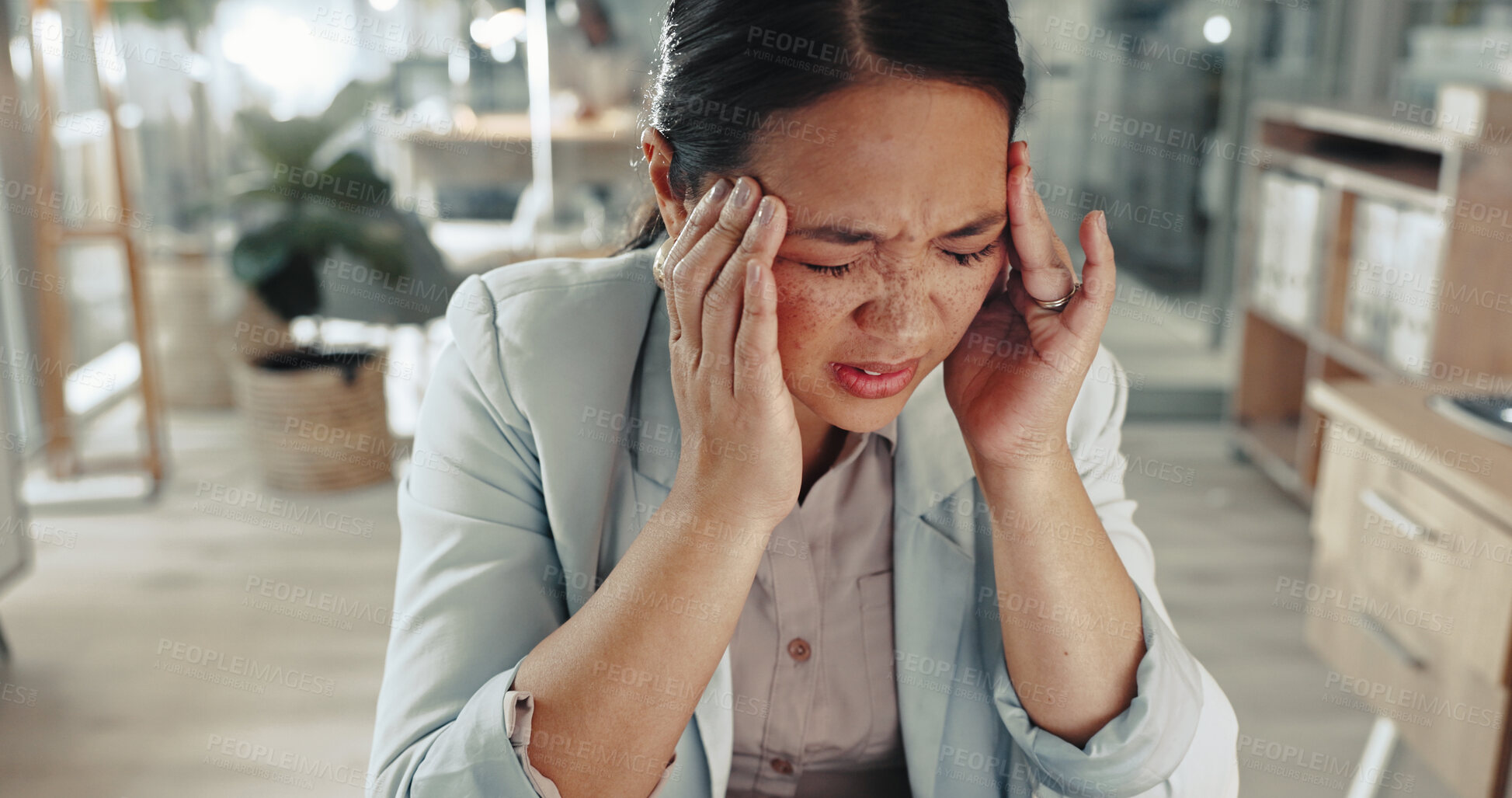 Buy stock photo Asian woman, headache and vertigo with stress for overworked, tension or brain fog at office. Frustrated, female person or employee with bad migraine or dizziness for mistake, deadline or pressure