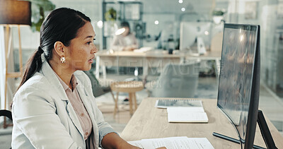 Buy stock photo Business, woman and reading on computer at office on internet for research and information as hr manager. Female person, employee and paperwork with legal documents, employment contracts or guideline