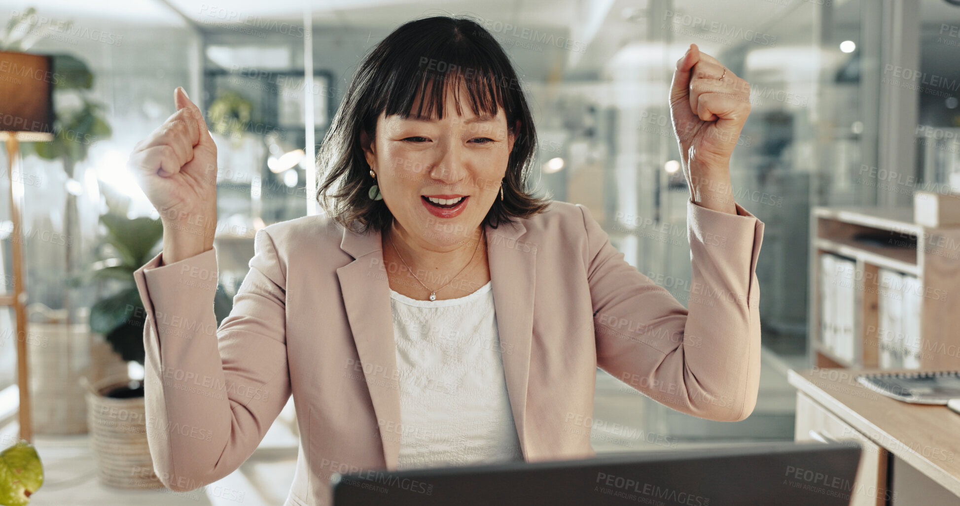 Buy stock photo Celebration, online and woman with laptop, office and happy for feedback, editor and success in newsroom. Journalism, smile and excited for story, cheering and achievement for person and notification