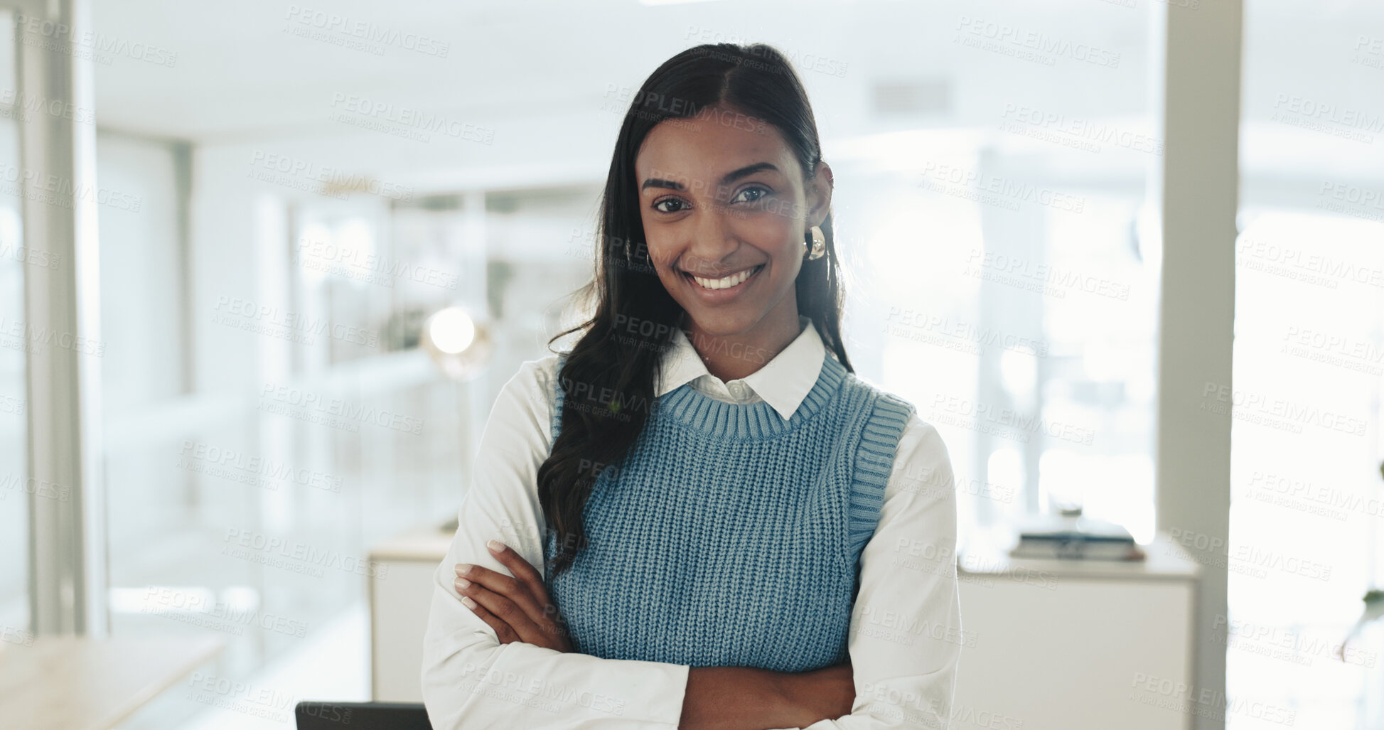 Buy stock photo Smile, confidence and portrait of journalist with arms crossed for professional, pride and entrepreneur in office. Creative, woman or news editor for publishing, content creation and press startup