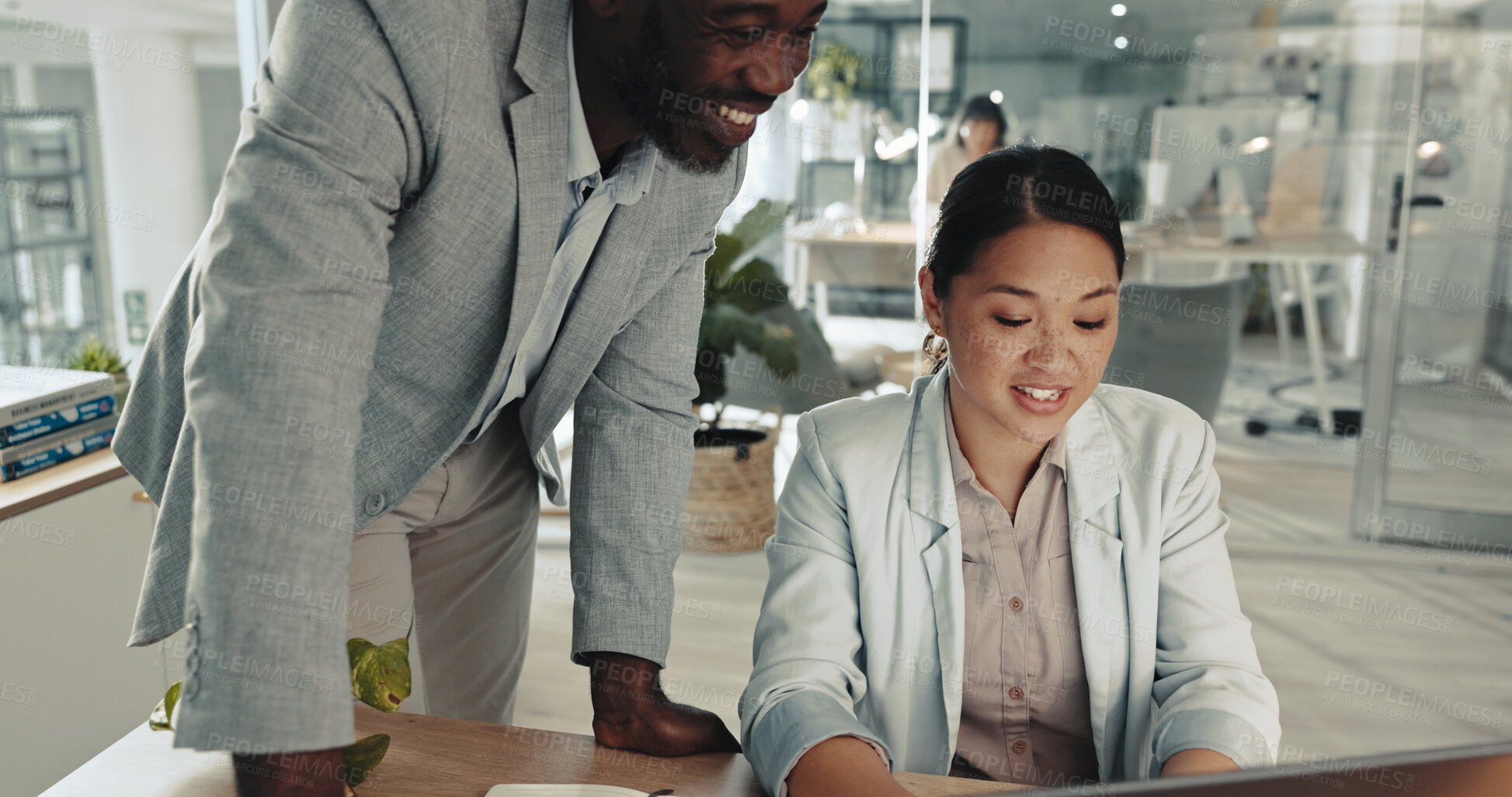 Buy stock photo Collaboration, laptop and training with business people at desk in office together for assistance. Computer, feedback or review with mentor and employee in workplace for conversation or discussion