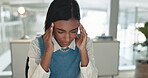 Stress, headache and business woman in office with stock market crash for company finance loss. Migraine, mistake and female financial advisor upset for crisis, debt or bankruptcy in workplace.