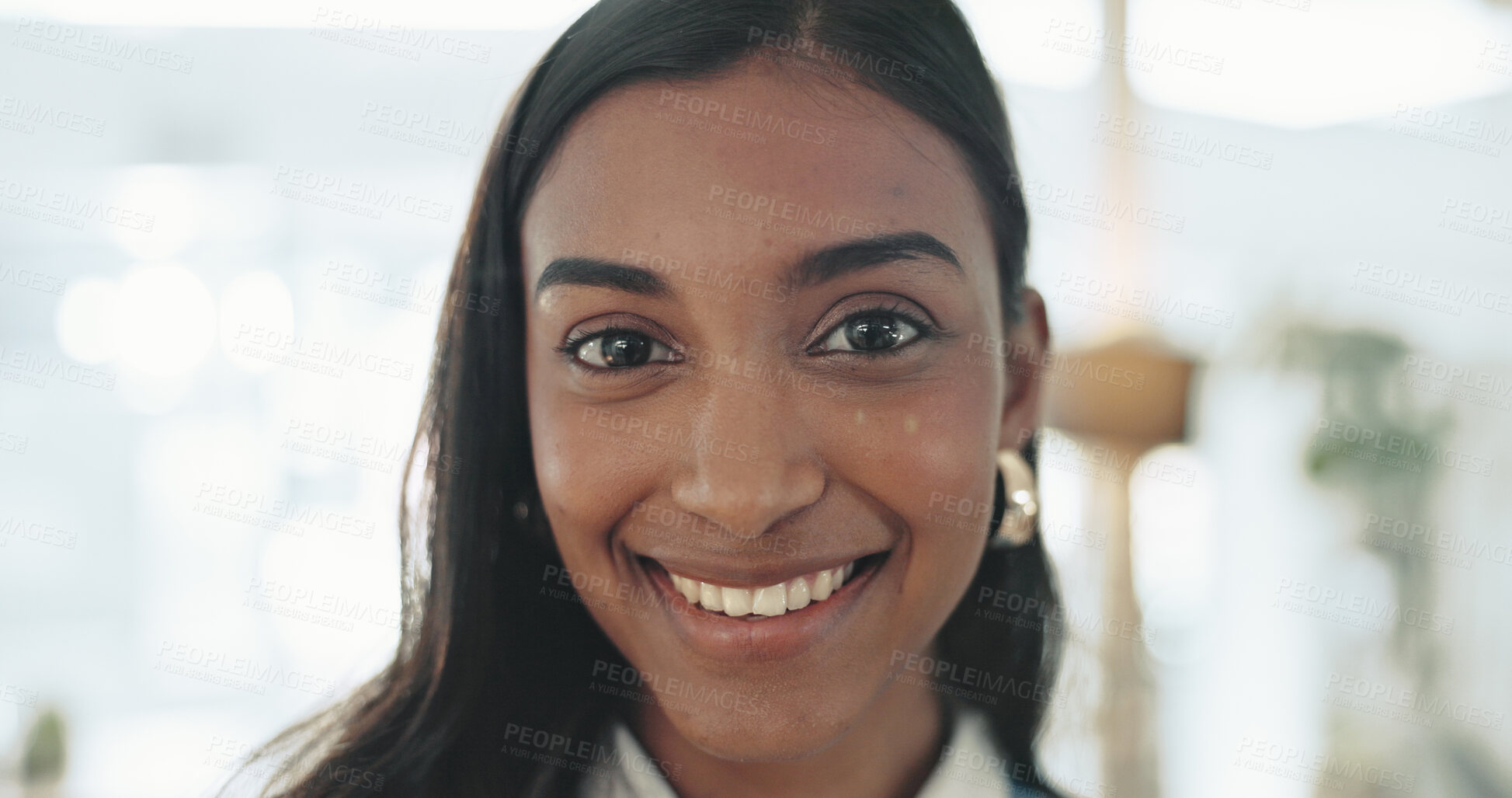 Buy stock photo Portrait, happy and woman in office, confident and smile for internship, ambitious and journalist. Business, cheerful and person with opportunity in newsroom, employee and proud in company and India