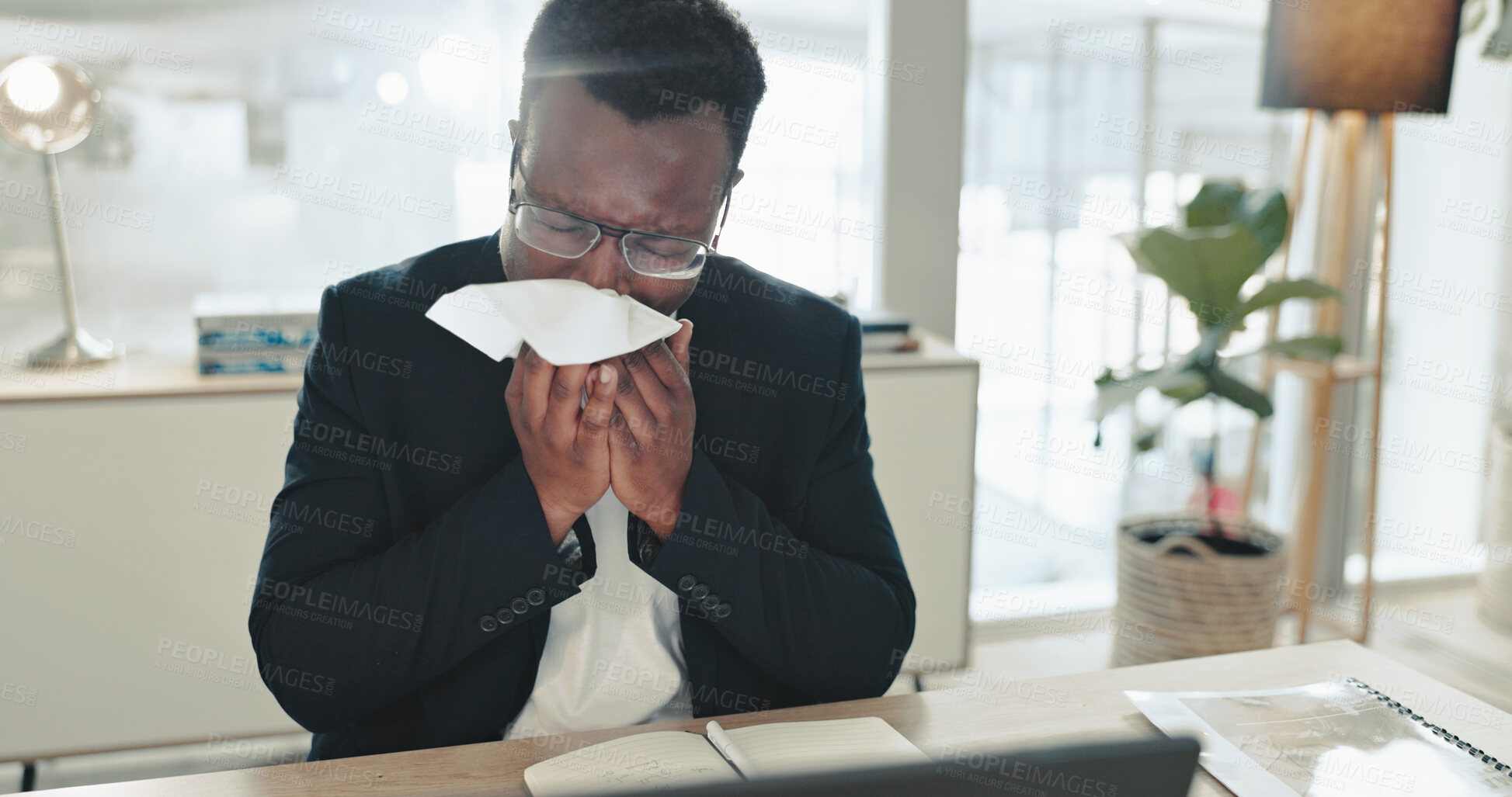 Buy stock photo Sick, black man and blowing nose with tissue for viral infection, hayfever or allergies at ofice. African, businessman or employee with virus, cold or flu for influenza, cough or sneeze at workplace