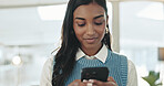 Notification, cellphone and businesswoman in office with typing for email, communication or networking. Technology, research and female attorney with phone for contact on company policies online.