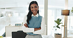 Smile, journalist and portrait of woman with arms crossed for professional, pride and entrepreneur in office. Creative, consultant or news editor for publishing, content creation and press startup