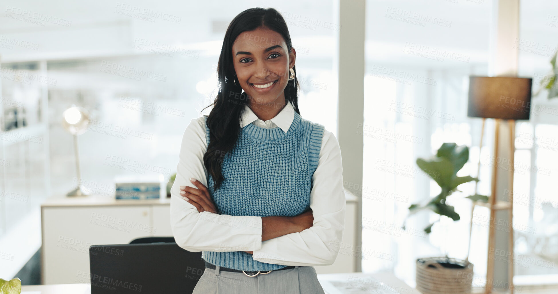 Buy stock photo Smile, journalist and portrait of woman with arms crossed for professional, pride and entrepreneur in office. Creative, consultant or news editor for publishing, content creation and press startup