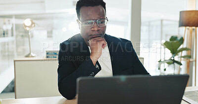 Buy stock photo Laptop, thinking and businessman in office with reading, planning and ideas for online solution. Journalism, computer and African male editor with question, choice or decision for multimedia project.