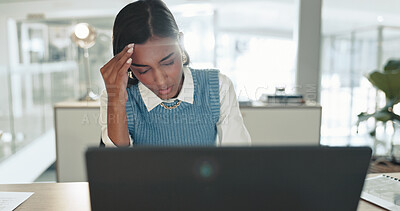 Buy stock photo Burnout, headache and businesswoman in office with laptop for stock market crash with finance loss. Migraine, stress and female financial advisor upset for crisis, debt or bankruptcy of company.
