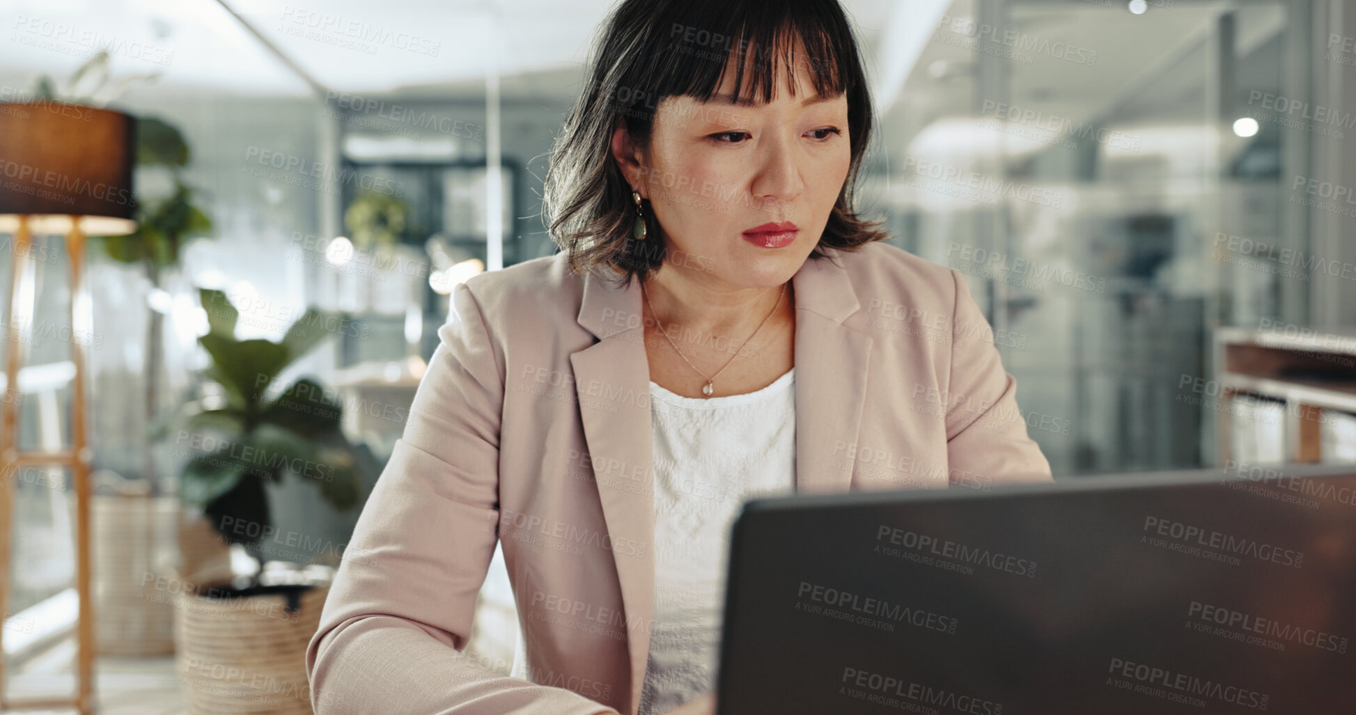 Buy stock photo Accounting, finance and laptop with Asian woman at desk in office for bookkeeping report. Business, computer and research with professional accountant in workplace for online financial management