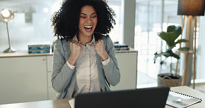 Buy stock photo Celebration, woman and notification for success, office and excited with funding, alert and surprised. Yes, shocked and person with laptop, winner and entrepreneur with investment for business