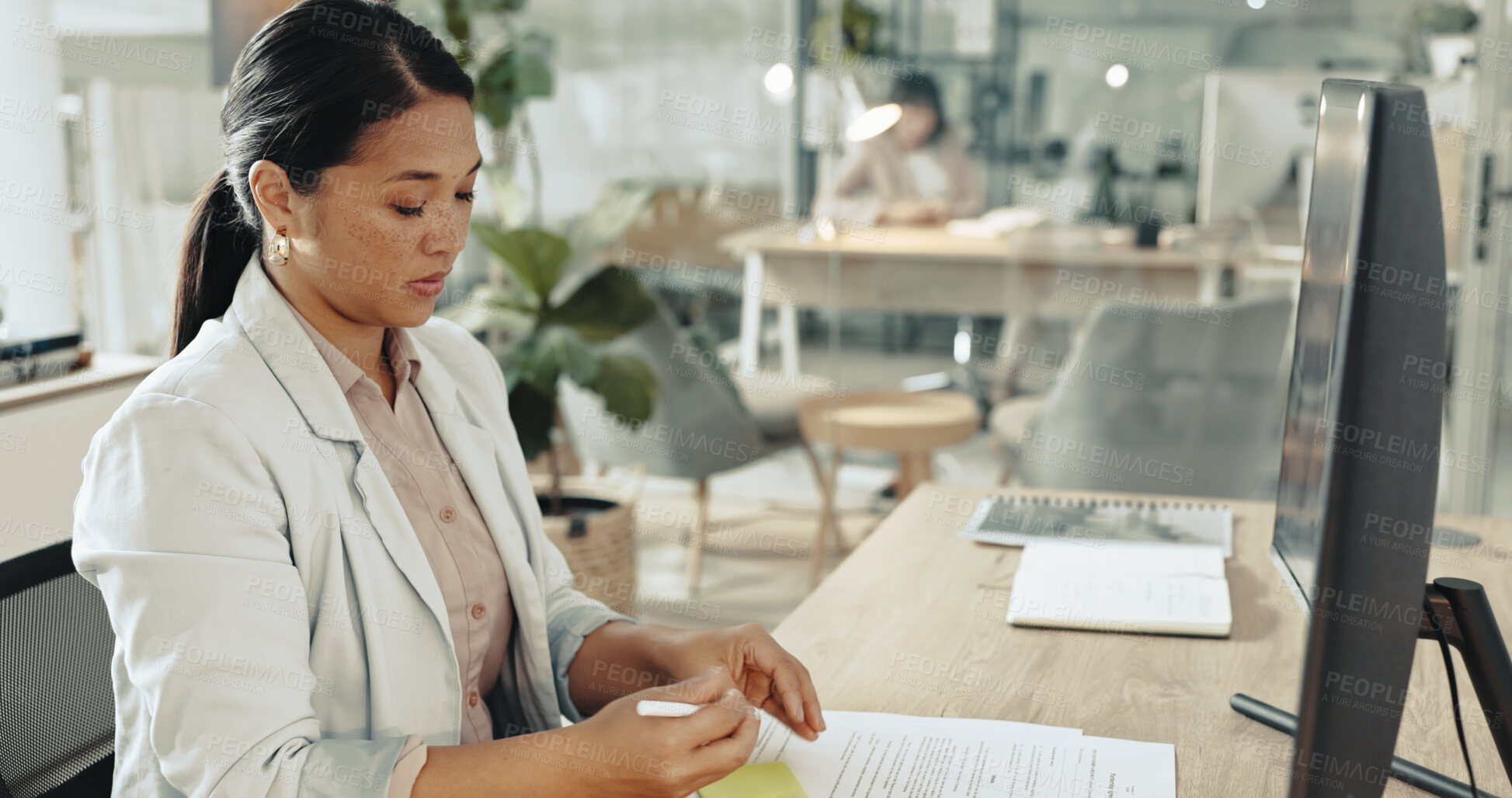 Buy stock photo Business, woman and computer with legal documents at office for data capture and information as hr manager. Female person, employee and paperwork with report, employment contracts and guidelines