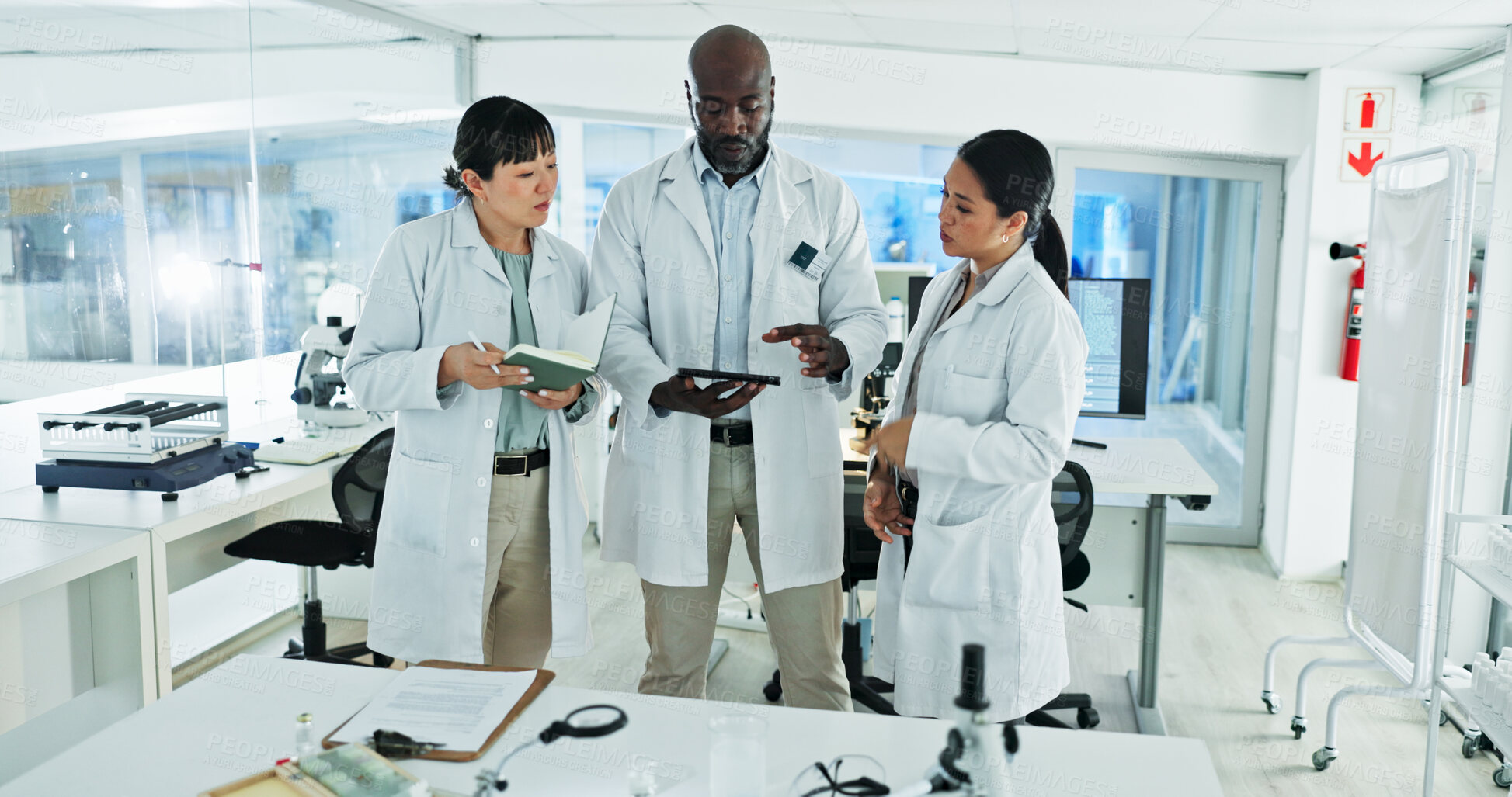 Buy stock photo Scientist, team and collaboration for research, notes and experiment results or medical information. People, notebook and laboratory manager with documents for virus development or pathology test