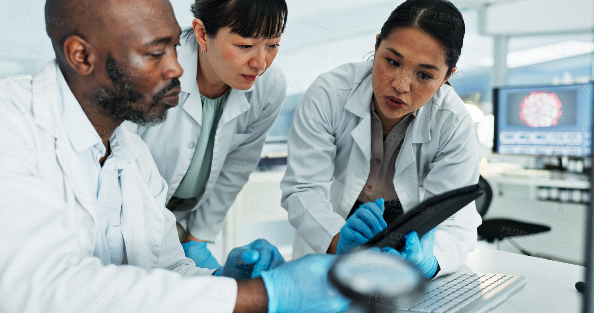 Buy stock photo Science, people and tablet in lab for planning, brainstorming and innovation for medicine development. Scientists, research team and tech at desk for learning, mentorship or virus vaccine engineering