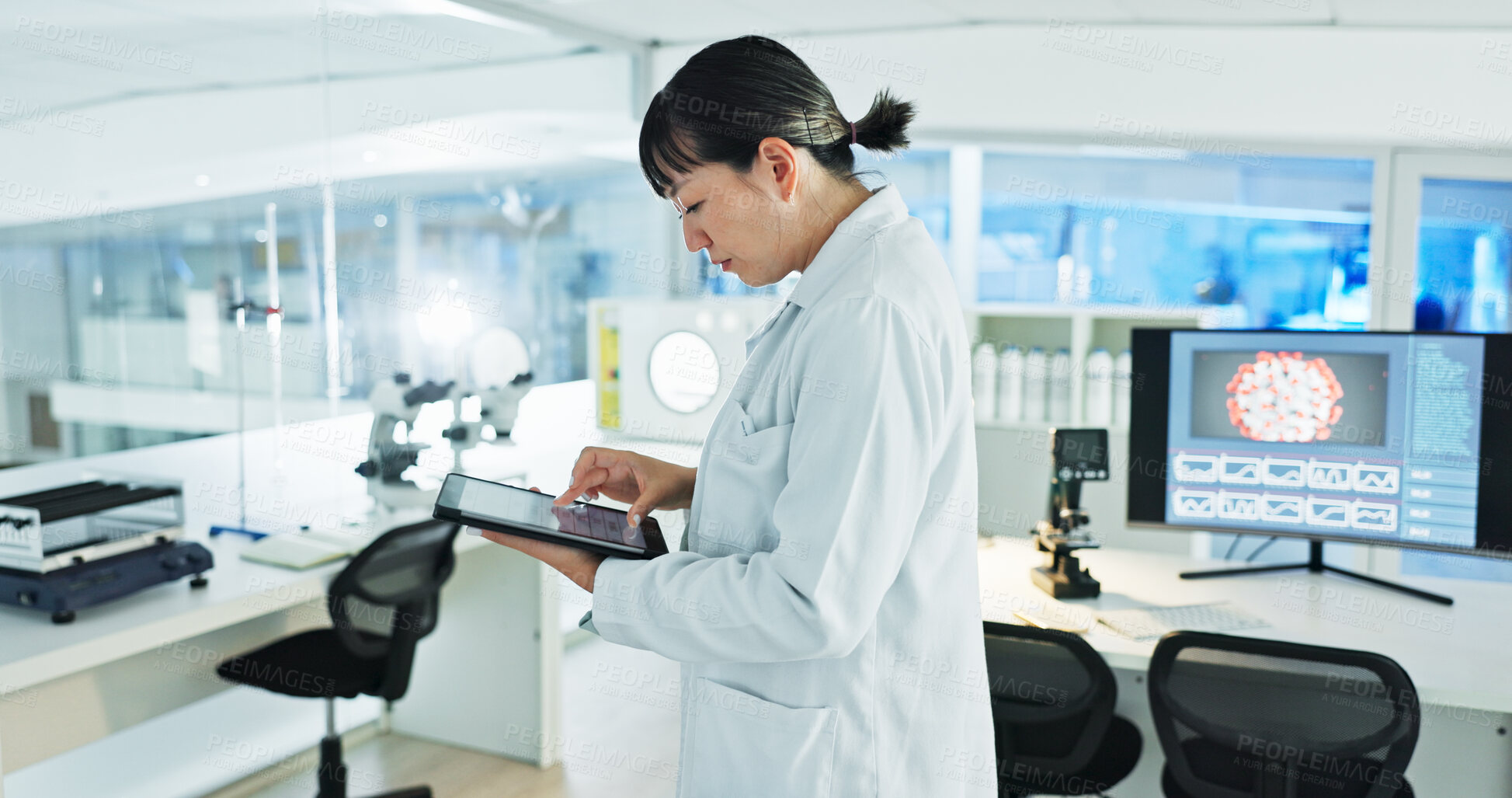 Buy stock photo Science, research and woman in lab with tablet, virus engineering or medical innovation. Search, reading and Asian scientist on digital app for bacteria growth, vaccine development or study results